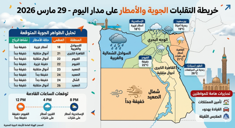 خريطة سقوط الأمطار والتقلبات الجوية في مصر اليوم لشهر مارس 2026