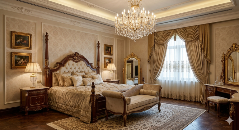 تصميم غرف نوم كلاسيك فخمة تجمع بين الأثاث الملكي المذهب والإضاءة الكريستالية الراقية لعام 2026.