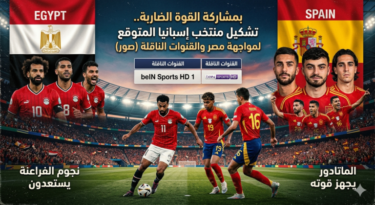 صورة احترافية لمباراة مصر وإسبانيا 2026 تجمع بين نجوم المنتخبين محمد صلاح ولامين يامال مع تفاصيل التشكيل المتوقع والقنوات الناقلة.