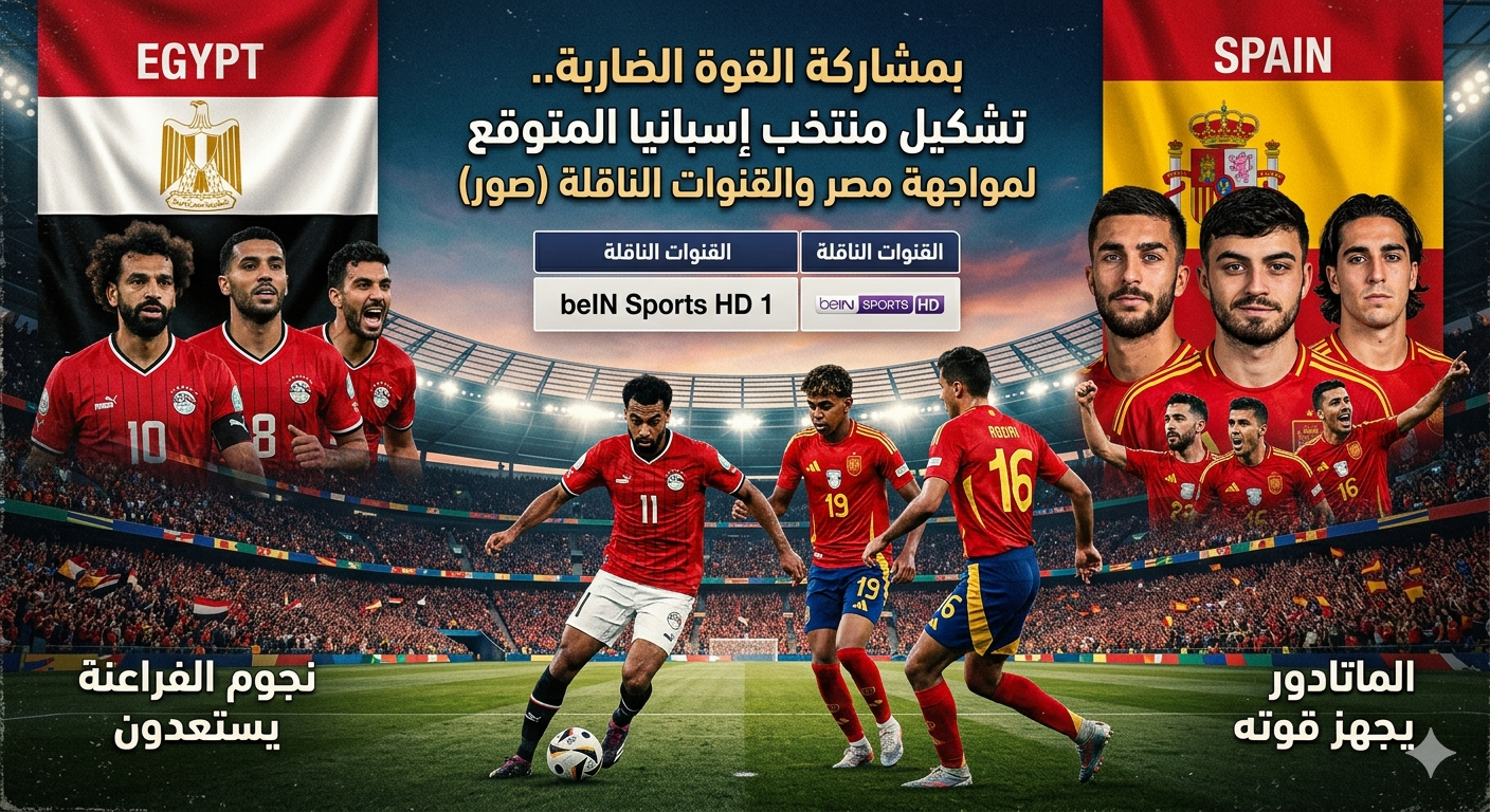 مباراة مصر وإسبانيا 2026: تشكيل النجوم والقنوات الناقلة (صور) 1 صورة احترافية لمباراة مصر وإسبانيا 2026 تجمع بين نجوم المنتخبين محمد صلاح ولامين يامال مع تفاصيل التشكيل المتوقع والقنوات الناقلة.