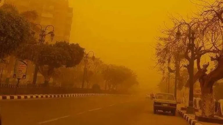 "مشهد حي لعاصفة ترابية تجتاح سوهاج الآن، حيث تغطي سحب الرمال الصفراء الكثيفة المباني والشوارع وتؤدي لانعدام الرؤية على الطرق السريعة، مع ظهور سيارة إسعاف ترمز لحالة الطوارئ المعلنة في المحافظة."