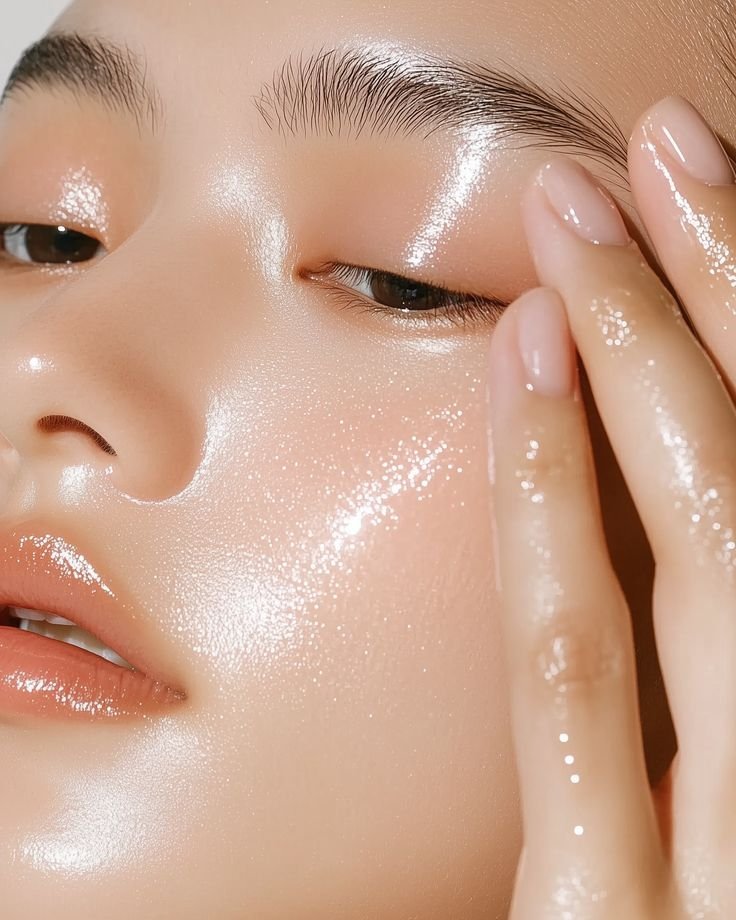 صورة مقربة تظهر بشرة امرأة شابة ناعمة، لامعة جداً وندية (Dewy)، تعكس الضوء بشكل طبيعي كأنها مصقولة، مع خلفية ناعمة (Blurred) لمنتجات عناية كورية.