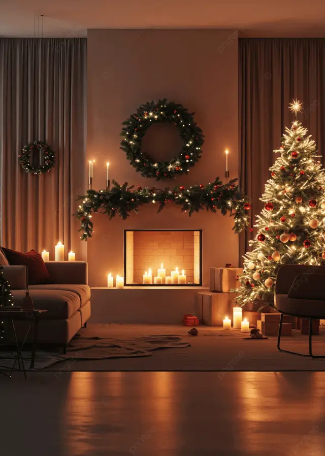 pngtree modern christmas living room background with tree wreath and fireplace image 20581576