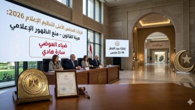 "شاشة عرض رسمية للمجلس الأعلى لتنظيم الإعلام تعرض قرار منع ظهور ضياء العوضي وسارة هادي، بجانب تفاصيل إجازة عيد الفطر 2026 في قاعة مؤتمرات حكومية مصرية."