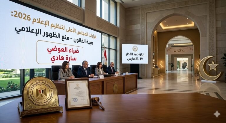"شاشة عرض رسمية للمجلس الأعلى لتنظيم الإعلام تعرض قرار منع ظهور ضياء العوضي وسارة هادي، بجانب تفاصيل إجازة عيد الفطر 2026 في قاعة مؤتمرات حكومية مصرية."