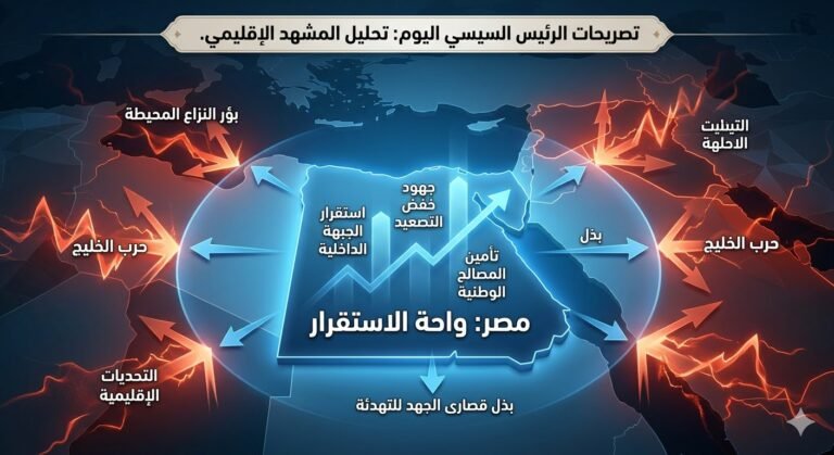 أهم تصريحات الرئيس السيسي اليوم للأسرة المصرية.. 5 رسائل عاجلة بشأن حرب الخليج 20 "تصريحات الرئيس السيسي اليوم تظهر في رسم بياني يوضح استقرار الدولة المصرية وسط بؤر النزاع والحروب في منطقة الخليج".