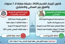 قانون الإيجار القديم 2026: حقيقة مهلة الـ 7 سنوات وموعد الإخلاء الرسمي للأشخاص الاعتبارية 11 حقيقة مهلة الـ 7 سنوات في قانون الإيجار القديم 2026