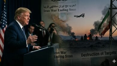 صورة مركبة احترافية تُظهر الرئيس الأمريكي دونالد ترامب يلقي خطاباً من منصة رسمية، وبجانبه رسم تعبيري لصحيفة تحمل عنوان 'الحرب مع إيران ستنتهي قريباً'، مع خلفية لمواقع عسكرية مدمرة وتصاعد أعمدة الدخان، مما يجسد تصريحات تدمير الأهداف الاستراتيجية في إيران."