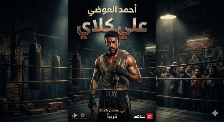 "بوستر ترويجي لمسلسل علي كلاي بطولة أحمد العوضي لرمضان 2026، يظهر فيه العوضي بهيئة ملاكم داخل حلبة تدريب شعبية، مع كتابة اسم المسلسل وتاريخ العرض بشكل سينمائي."