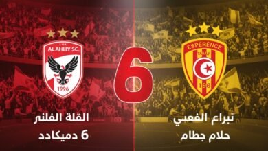 شعار النادي الأهلي المصري ونادي الترجي التونسي مع رقم 6 يرمز لانتصارات الأهلي في ملعب رادس خلفية ملعب كرة قدم