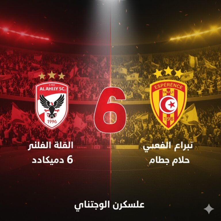 الأهلي والترجي في رادس: هل يكرر المارد الأحمر "سداسية الانتصارات" الليلة؟ 3 شعار النادي الأهلي المصري ونادي الترجي التونسي مع رقم 6 يرمز لانتصارات الأهلي في ملعب رادس خلفية ملعب كرة قدم