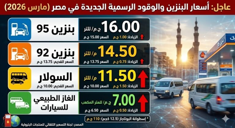جدول أسعار البنزين الجديد في مصر مارس 2026 - قائمة أسعار السولار وبنزين 92 و95 الرسمية بعد الزيادة الأخيرة