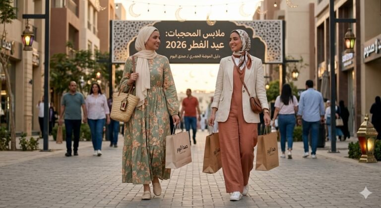 أحدث موديلات ملابس محجبات عيد الفطر 2026 - تنسيقات "دريس" مشجر و"جمبسوت" كتان عصرى مع حقائب تسوق لموقع صدى اليوم في مصر.