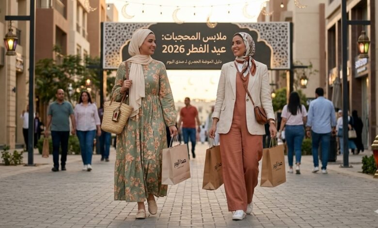 أحدث موديلات ملابس محجبات عيد الفطر 2026 - تنسيقات "دريس" مشجر و"جمبسوت" كتان عصرى مع حقائب تسوق لموقع صدى اليوم في مصر.