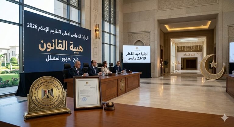 "شعار المجلس الأعلى لتنظيم الإعلام في قاعة اجتماعات رسمية مع خلفية تعبر عن قرارات تنظيم الظهور الإعلامي لعام 2026 وأجواء إجازة عيد الفطر المبارك."