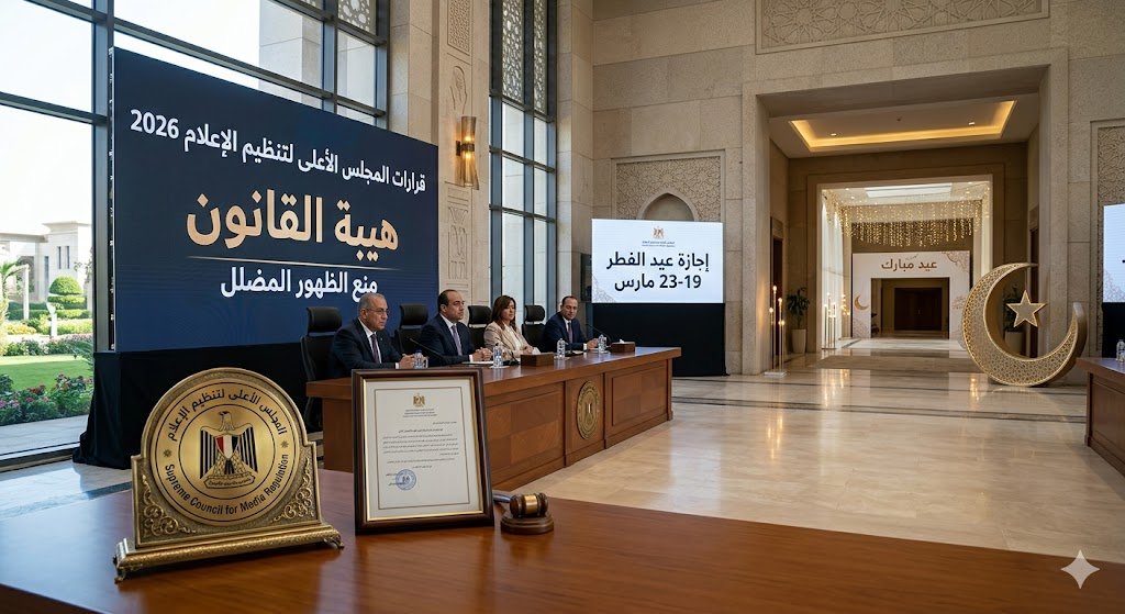 "شعار المجلس الأعلى لتنظيم الإعلام في قاعة اجتماعات رسمية مع خلفية تعبر عن قرارات تنظيم الظهور الإعلامي لعام 2026 وأجواء إجازة عيد الفطر المبارك."