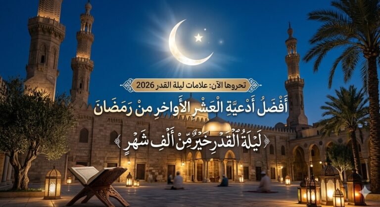 أدعية العشر الأواخر من رمضان 2026 - علامات ليلة القدر ومسجد يمتلئ بالمصلين في الليالي الوترية مع عبارة ليلة القدر خير من ألف شهر.