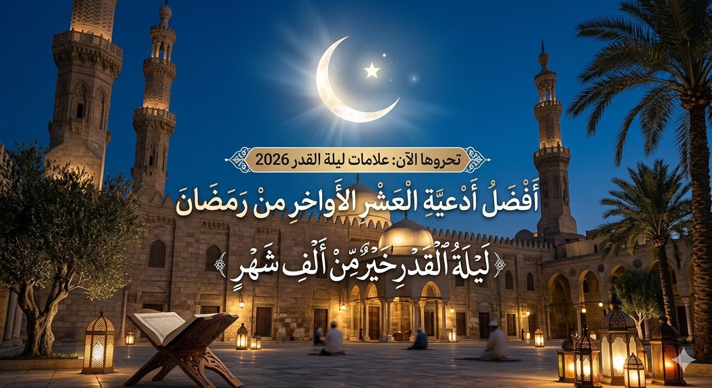 أدعية العشر الأواخر من رمضان 2026 - علامات ليلة القدر ومسجد يمتلئ بالمصلين في الليالي الوترية مع عبارة ليلة القدر خير من ألف شهر.