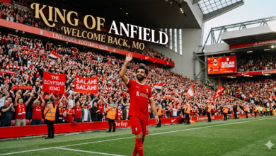 محمد صلاح بقميص ليفربول في ملعب الأنفيلد يوضح اقتراب موعد عودة محمد صلاح للمباريات