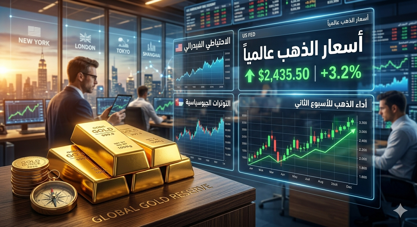 "سبائك وقطعة ذهبية بجانب شاشات تداول رقمية تعرض صعود أسعار الذهب عالمياً ورسوماً بيانية وخرائط مدن عالمية."