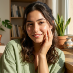 فتاة شابة تتمتع ببشرة نضرة ومشرقة بعد اتباع روتين علاج البشرة الباهتة، وبجانبها مستحضرات العناية الأساسية مثل سيروم فيتامين C ومرطب الهيالورونيك وواقي الشمس في ضوء طبيعي."