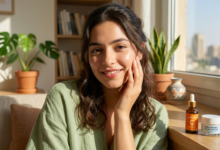 فتاة شابة تتمتع ببشرة نضرة ومشرقة بعد اتباع روتين علاج البشرة الباهتة، وبجانبها مستحضرات العناية الأساسية مثل سيروم فيتامين C ومرطب الهيالورونيك وواقي الشمس في ضوء طبيعي."