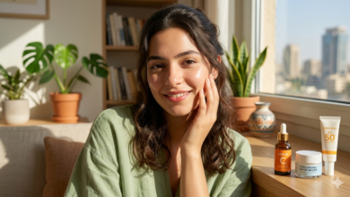 فتاة شابة تتمتع ببشرة نضرة ومشرقة بعد اتباع روتين علاج البشرة الباهتة، وبجانبها مستحضرات العناية الأساسية مثل سيروم فيتامين C ومرطب الهيالورونيك وواقي الشمس في ضوء طبيعي."