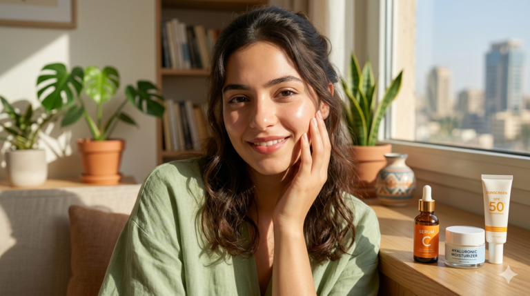 وداعاً لشحوب الوجه.. 5 أسرار سحرية في علاج البشرة الباهتة تمنحك نضارة فورية 26 فتاة شابة تتمتع ببشرة نضرة ومشرقة بعد اتباع روتين علاج البشرة الباهتة، وبجانبها مستحضرات العناية الأساسية مثل سيروم فيتامين C ومرطب الهيالورونيك وواقي الشمس في ضوء طبيعي."