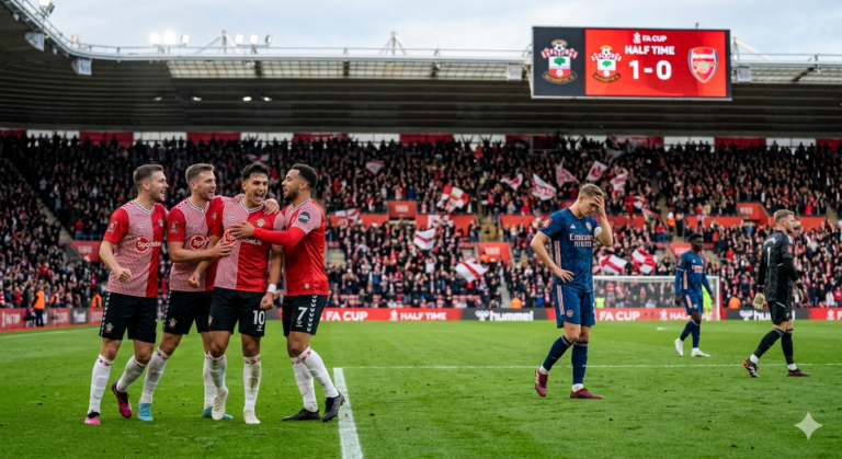 مباراة آرسنال وساوثهامبتون: "زلزال" في الكأس.. القديسون يصفعون آرسنال بهدف مباغت بالاشواط الأولى! 8 "لاعبي ساوثهامبتون يحتفلون بهدف في مرمى آرسنال خلال مباراة في كأس الاتحاد الإنجليزي. تظهر اللوحة النتائجية تقدم ساوثهامبتون 1-0."