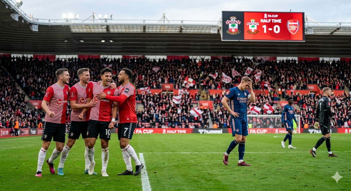 "لاعبي ساوثهامبتون يحتفلون بهدف في مرمى آرسنال خلال مباراة في كأس الاتحاد الإنجليزي. تظهر اللوحة النتائجية تقدم ساوثهامبتون 1-0."