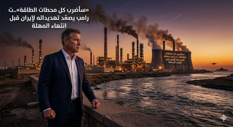 صورة تعبيرية للمنشآت النفطية الإيرانية مع خلفية تشير إلى توتر سياسي وتهديدات ترامب لإيران وجاذب للقراء