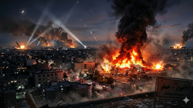 "مشهد ليلي يظهر آثار قصف مقر الحرس الثوري في الأهواز وتصاعد النيران من منشآت عسكرية عقب الضربات الإسرائيلية."