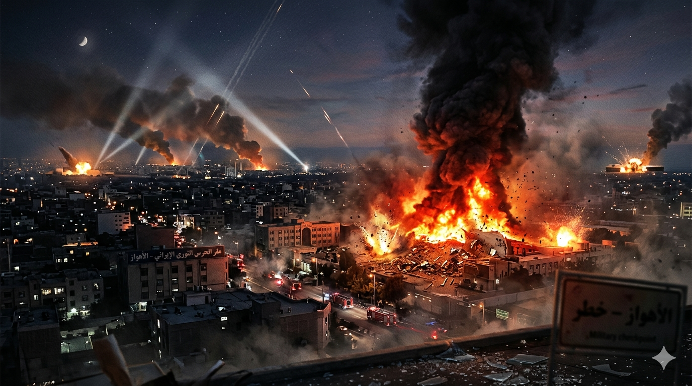 "مشهد ليلي يظهر آثار قصف مقر الحرس الثوري في الأهواز وتصاعد النيران من منشآت عسكرية عقب الضربات الإسرائيلية."